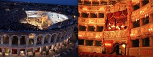 A sinistra l'Arena di Verona e a destra la Fenice di Venezia, i due enti lirici del Veneto.